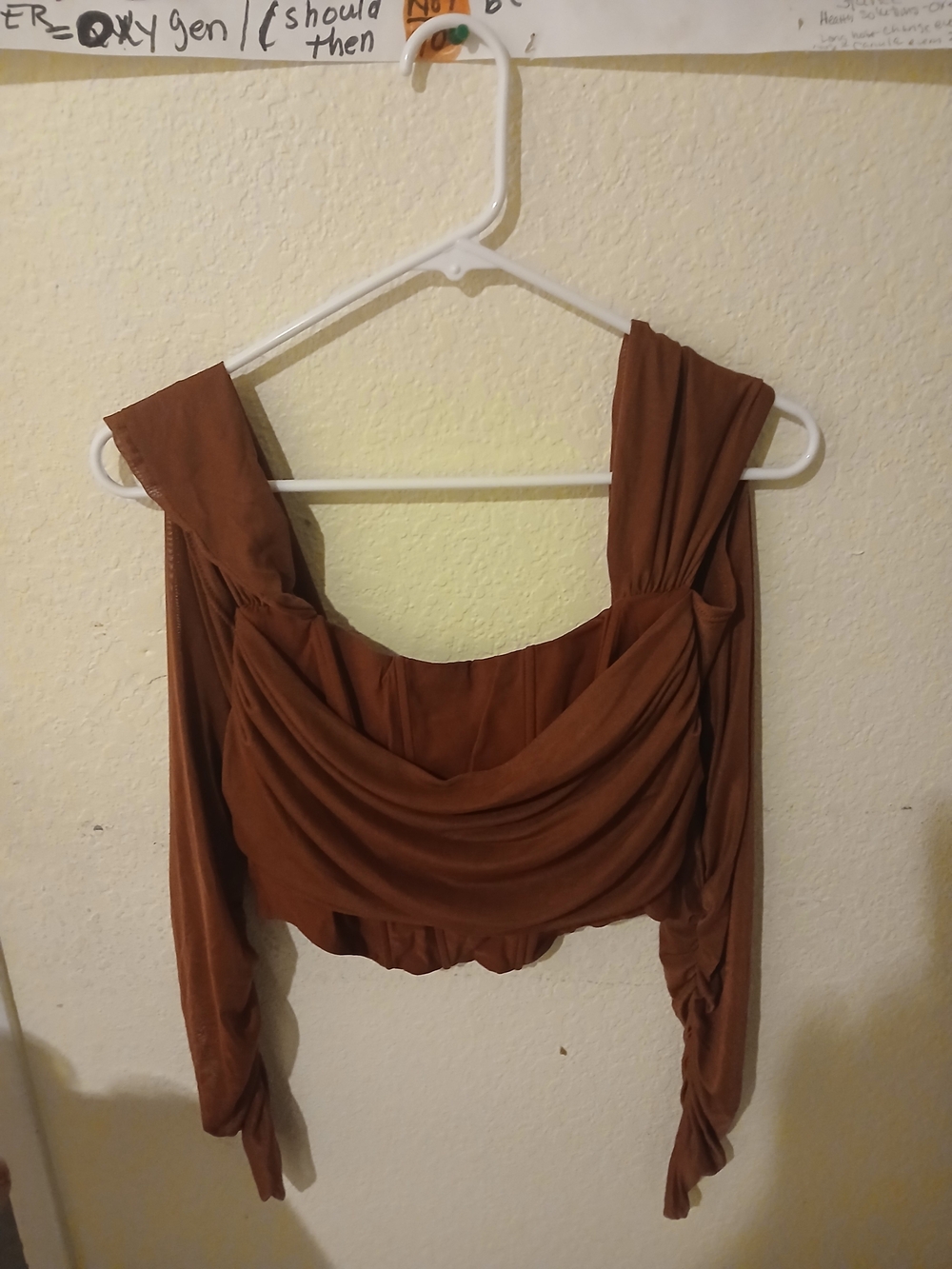 Women's Rust Brown Draped Long-Sleeve Crop Top